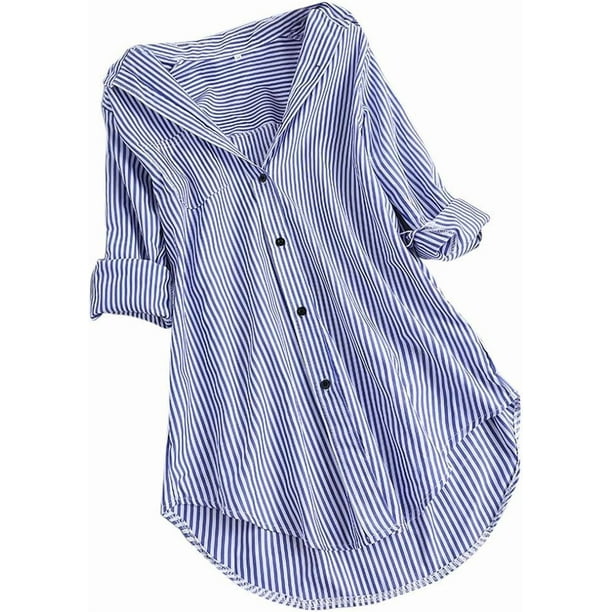 Blusa informal de talla grande para mujer, blusa tipo túnica, camisa elegante de rayas, manga larga, cuello vuelto, botones, holgada