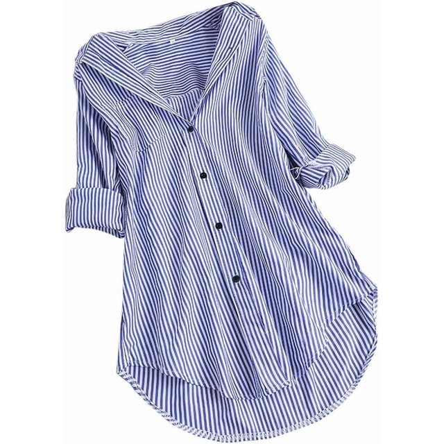Blusa informal de talla grande para mujer, blusa tipo túnica, camisa elegante de rayas, manga larga, cuello vuelto, botones, holgada