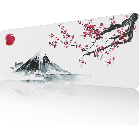 Japanese Cherry Blossom White Mouse Pad - Extended Large Mouse Mat, 31.5 × 11.8 × 0.12 inch, Stitched Edges, Non-Slip Rubber Base, Gaming Mouse Pad XL, Perfect for Office & Home