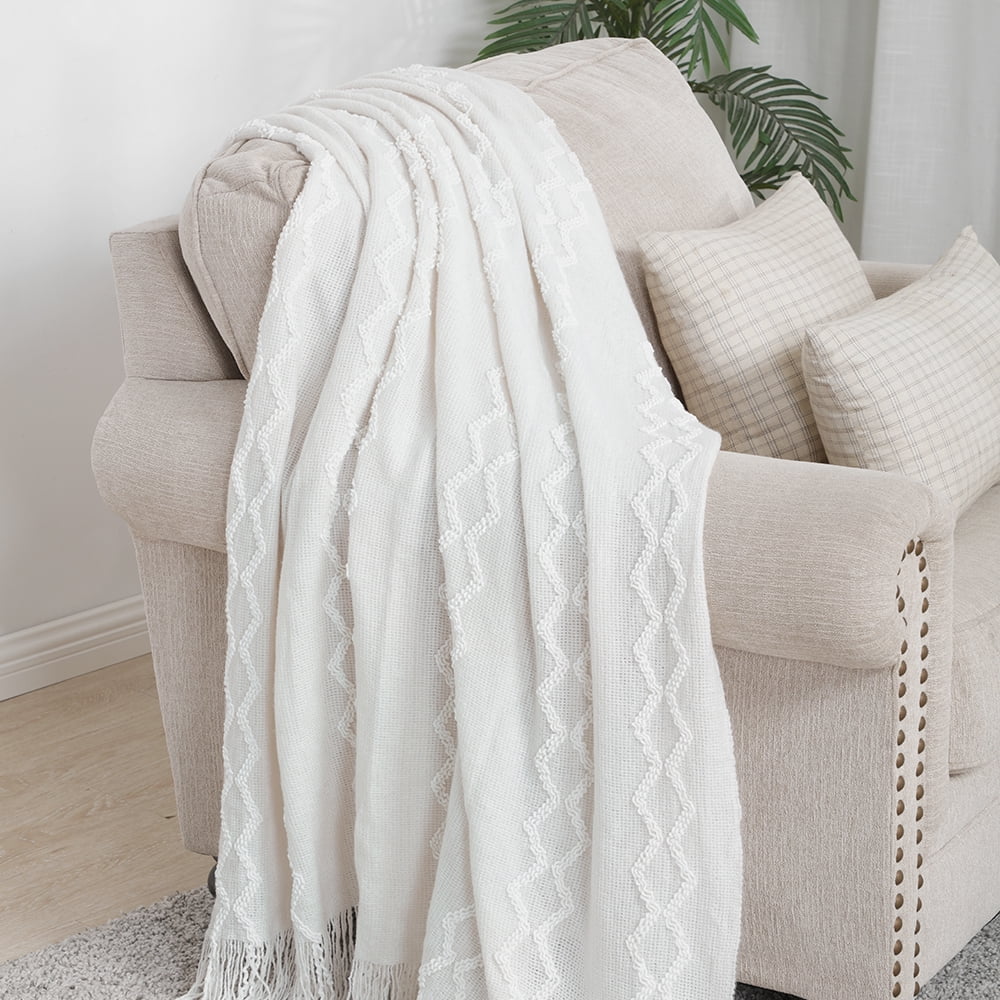 Bourina Fluffy Chenille Knitted Fringe Throw Blanket, Lightweight Soft Cozy Bed Sofa Chair Blanket, White, 50" x 60"