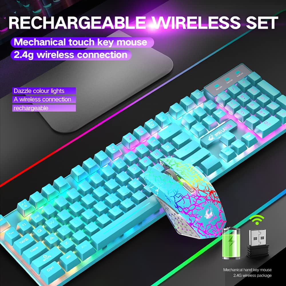 US Wireless Rainbow Backlit Gaming Keyboard Mouse Set 4000mAh Battery For  PC PS4