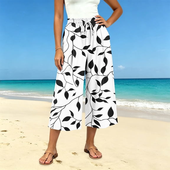 Cotton Capri Pants for Women Ihhxva Wide Leg Capris with Pockets Summer Casual Printed Cropped Loose Fit Elastic Waist Boho Beach Travel S-2XL