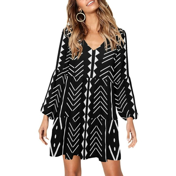 Black and White Aztec Print V-Neck Loose Fit Dress (Size:S;)