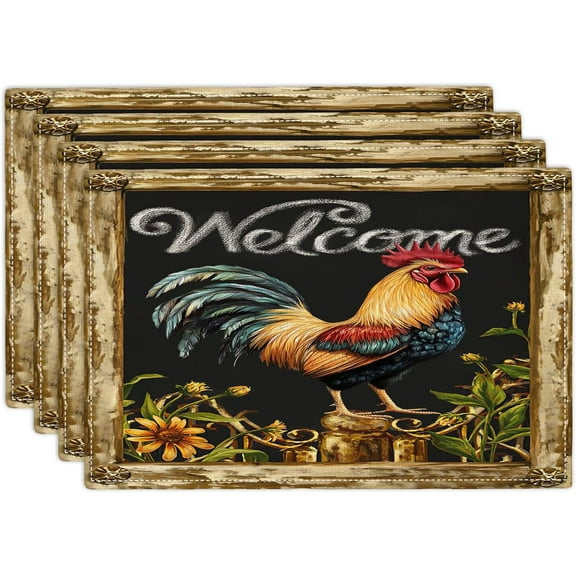Rooster Placemats Set of 4, 12x18 Inch Chicken Farm Animal Table Place Mat Farmhouse Country Washable Non-Slip Heat Resistant Fabric Placement Mats for Dining Kitchen Indoor Outdoor Decor