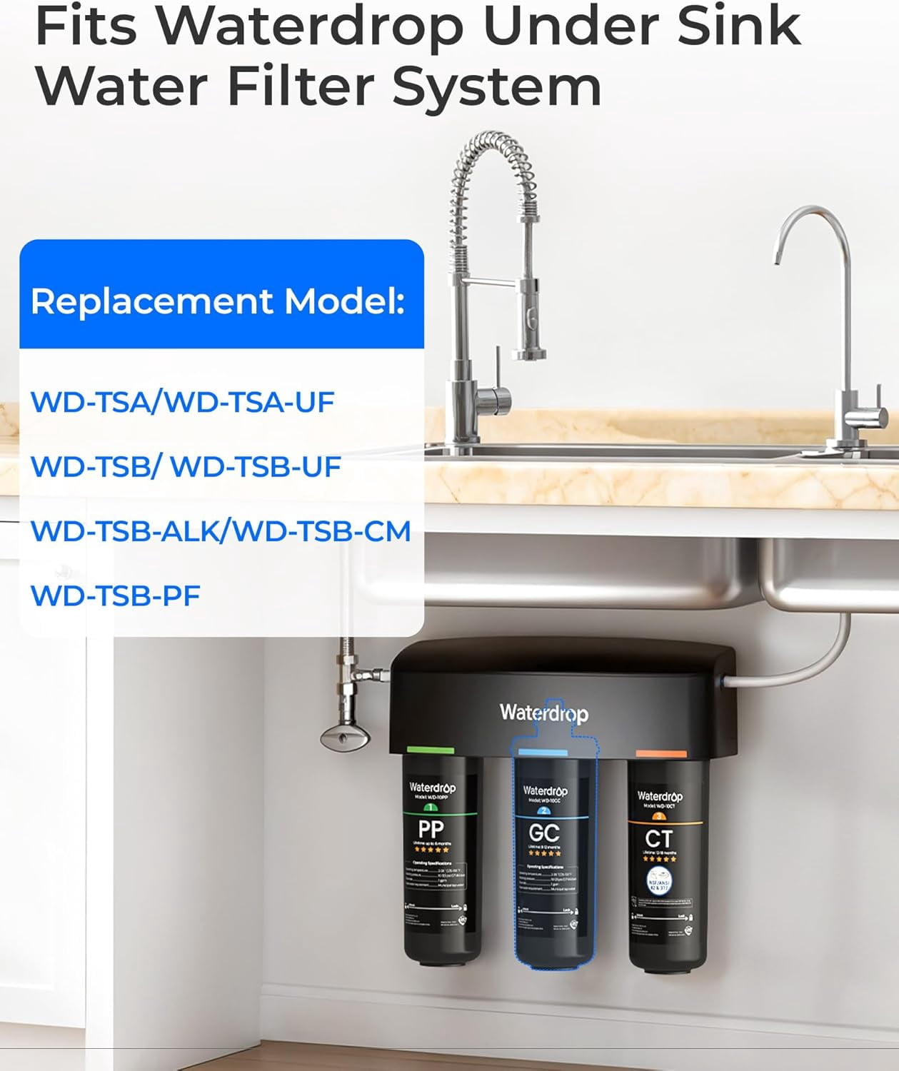 Waterdrop WD-10GC Under Sink Water Filter, Replacement for Waterdrop TSA & TSB & TSB cm 3-Stage Under Sink Water Filter System