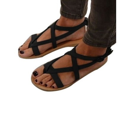 Women Ankle Strap Gladiator Low Flat Heel Sandals Summer Beach Flip Flops