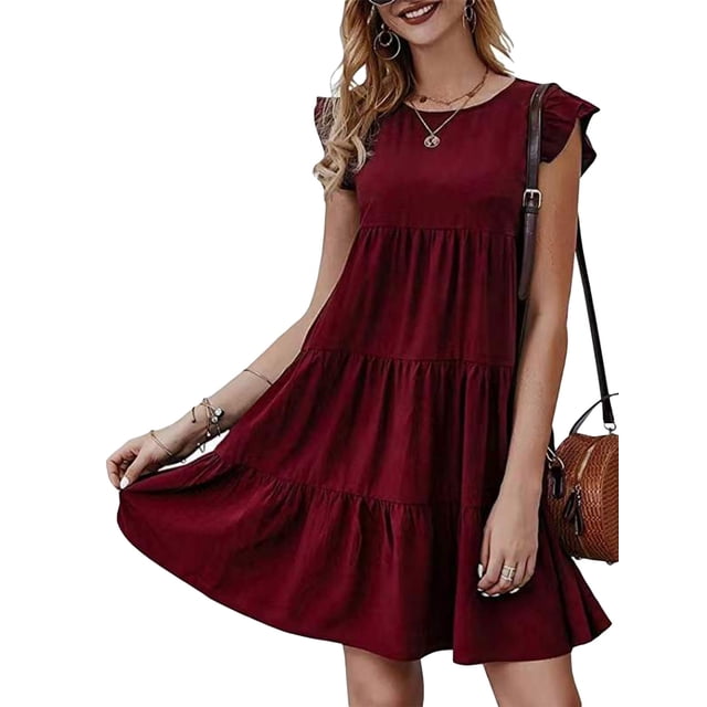 Lucakuins Mujeres Casual Plisado Vestido Corto, Adultos Primavera Color Sólido Cuello Redondo Manga Corta Mini Vestido Lucakuins moda