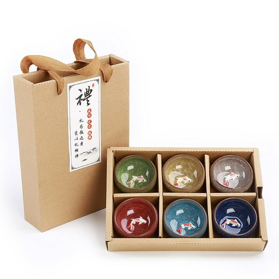 Ceramic Tea Cup, Korean Soju Shot Glasses Set, Chinese Kung Fu Tea Set,3D Fish In the Glass,Set of 6 (Cup,6 Colors)