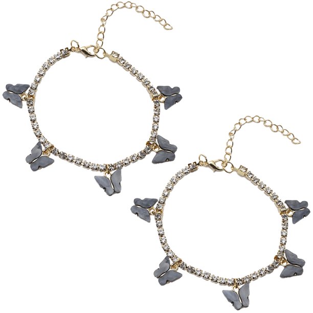 Pulsera de tobillera de mariposa de cadena de pedrería, tobillera de mariposa de cristal, tobillera de cadena de pie, joyería de tobillera de pedrería