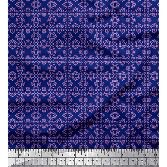 Soimoi Blue Rayon Crepe Fabric Damask Ethnic Printed Fabric 1 Yard 46 Inch Wide
