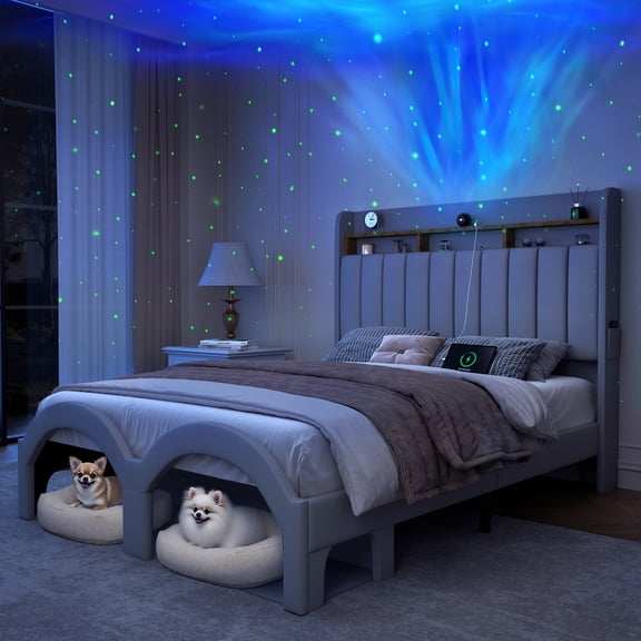SIBEDS Bed Frame with Storage Drawers and Galaxy Star Projector PU Upholstered Gray Headboard, Queen