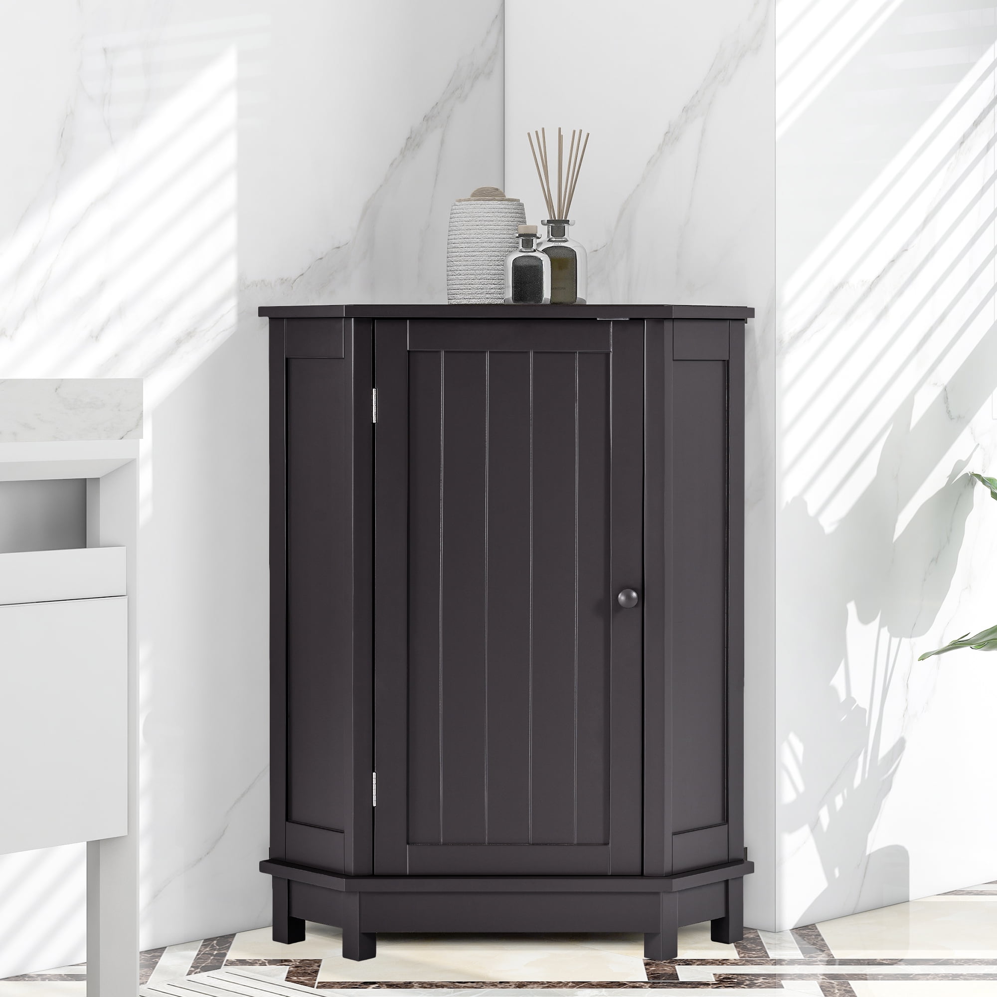 Bathroom Corner Storage with Door, Wood Floor Standing Triangle