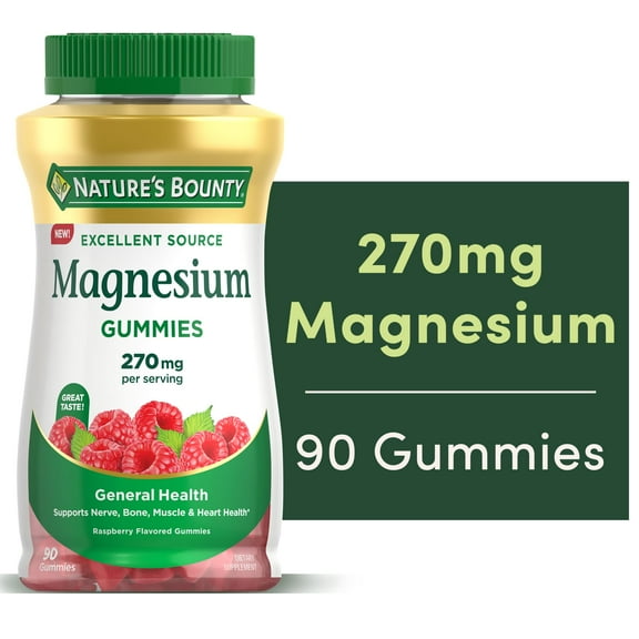 Nature’s Bounty® Magnesium Gummies, Magnesium Citrate 270mg, Raspberry Gummies, 90 Count