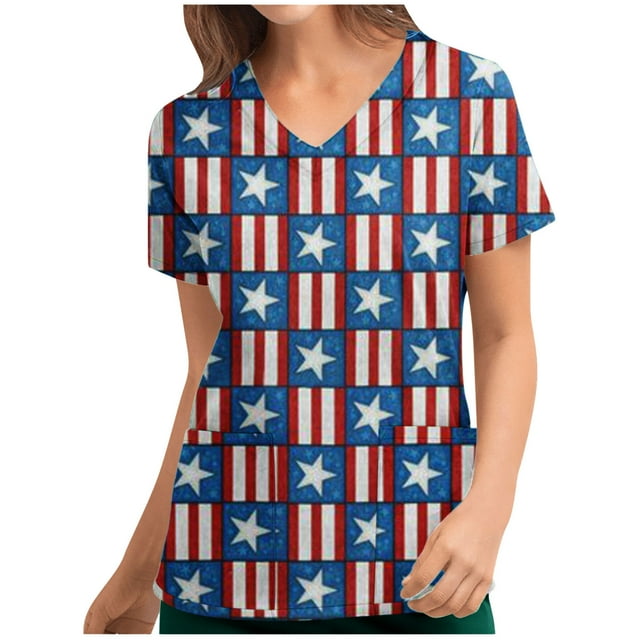 TIMIFIS Womens Scrub Tops Independence Day Summer American Flag Print Short Sleeve 4th of July Patriotic Working Uniform Nursing Scrub Tops with Pockets - Spring/Summer