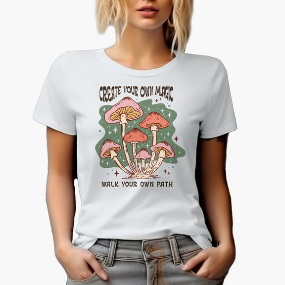 Distressed Create Your Own Magic - Walk Your Own Path, Boho Retro Mushroom Art Merch Gift, White T-Shirt, Small