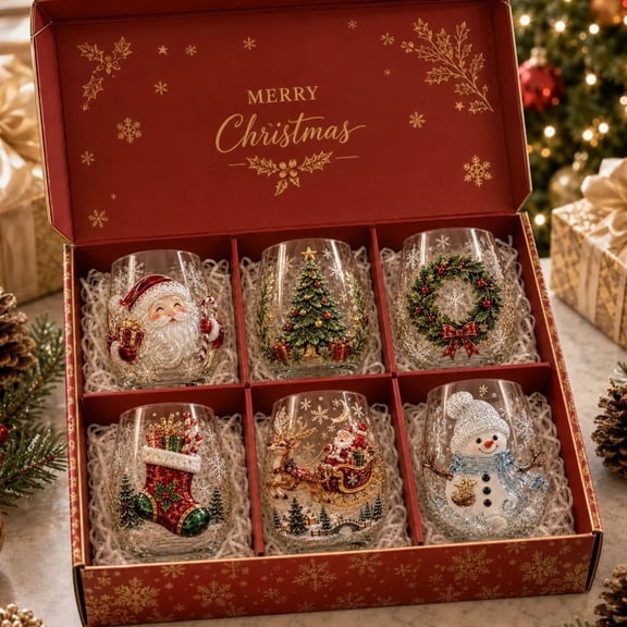 6 Pcs Christmas 3D Stemless Wine Glass Set, 10 oz Raised Art Cups Santa Snowman, Holiday Drinkware Gift Box for Parties (6 Piece, Multicolor)