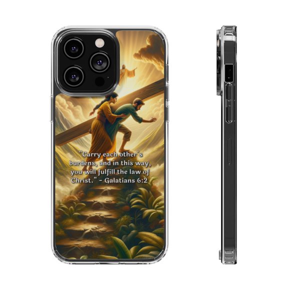 DistinctInk Hybrid (Acrylic / TPU) Clear Slim Fit Case for Apple iPhone 12 Pro MAX (6.7" Screen) - Fulfilling the Law of Christ: Carrying Each Other's Burdens - Galatians 6:2