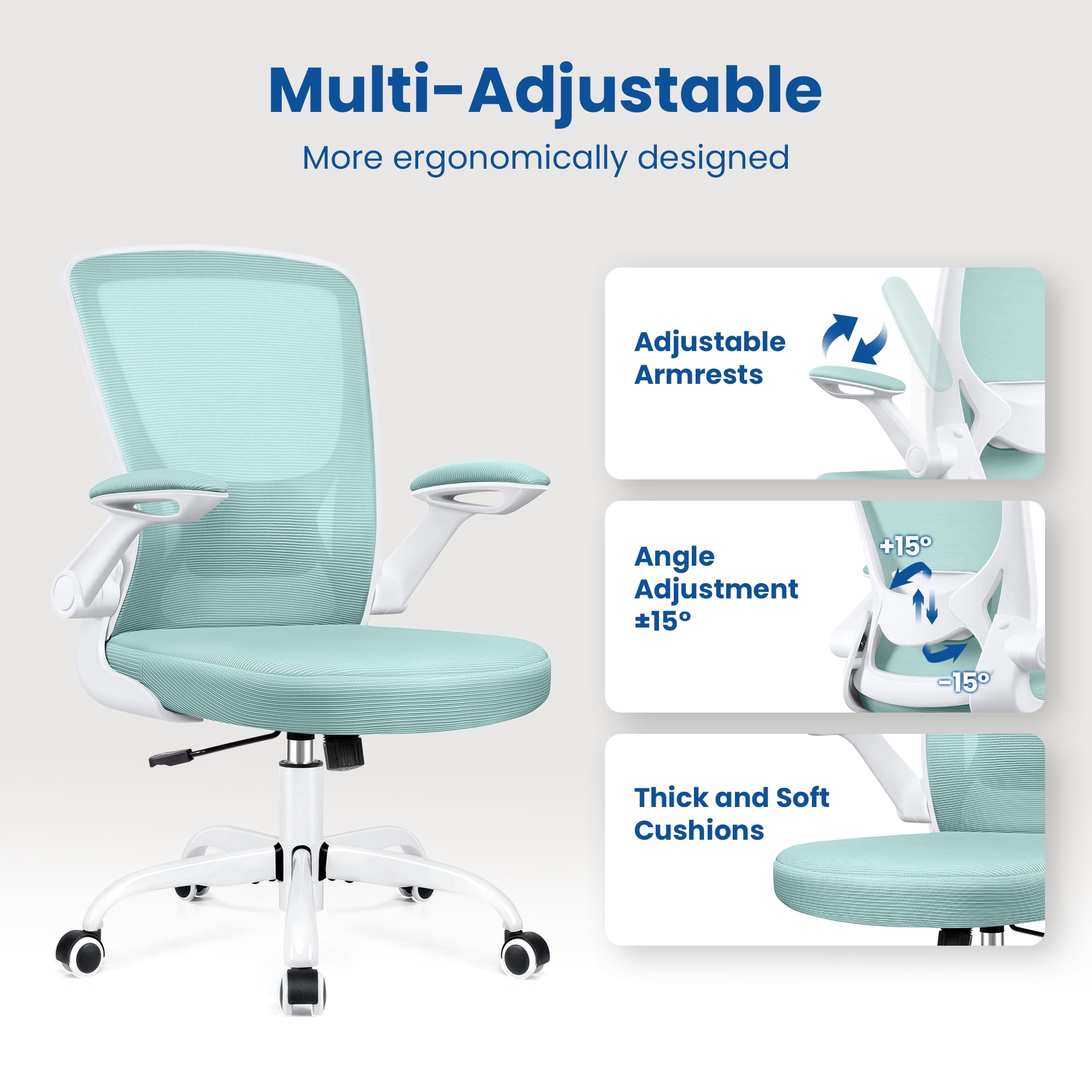 COOLHUT Office Chair, Ergonomic Office Chair, Comfort Home Office Task Chair, Lumbar Support Computer Chair with Flip-up Arms and Adjustable Height, 350LBS, Light Blue