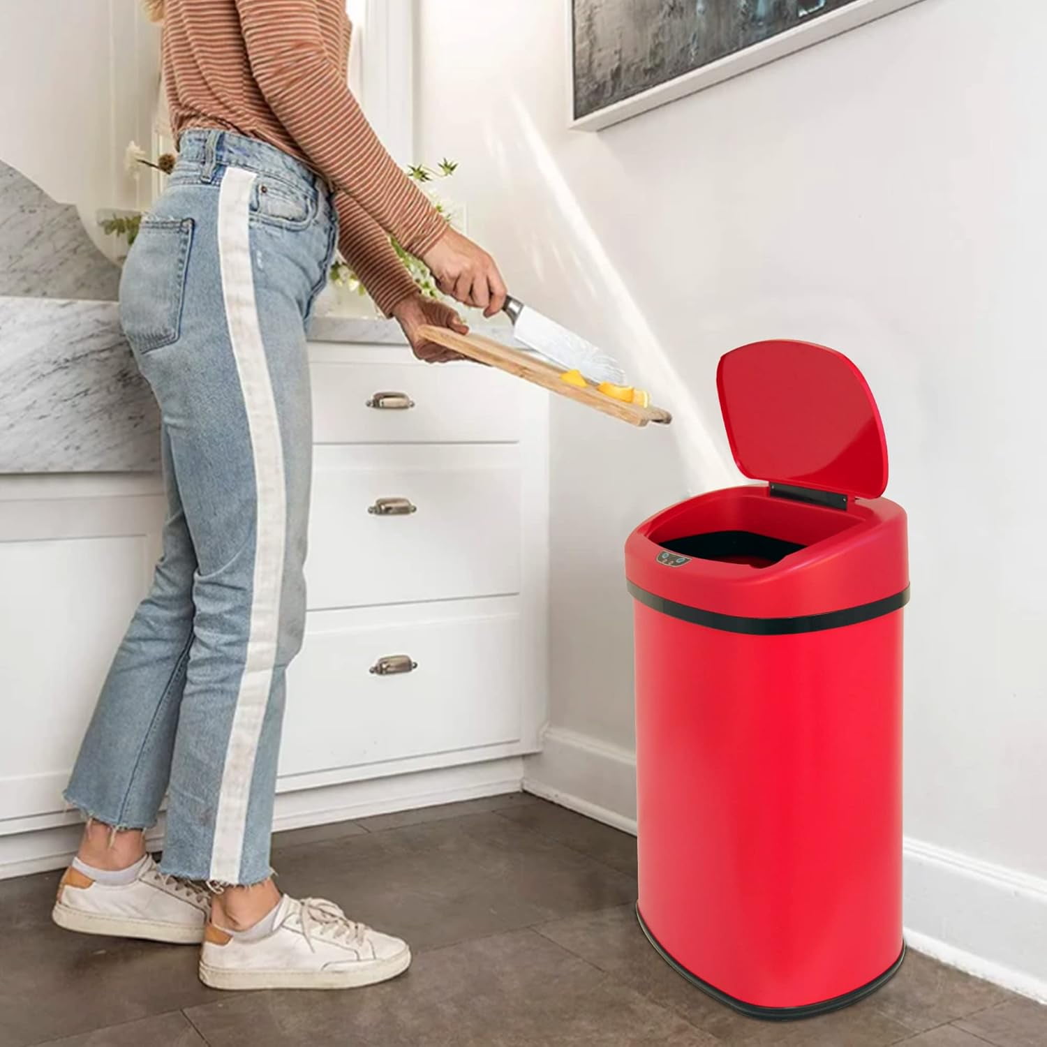 Dkelincs 13 Gallon Touch-Free Automatic Stainless Steel Garbage Can Kitchen Trash Can with Lid, Red