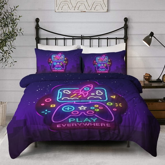 BlessLiving Cartoon Rocket Comforter Sets, Purple Comforter Sets King, Gamer Bedding Sets for Boys