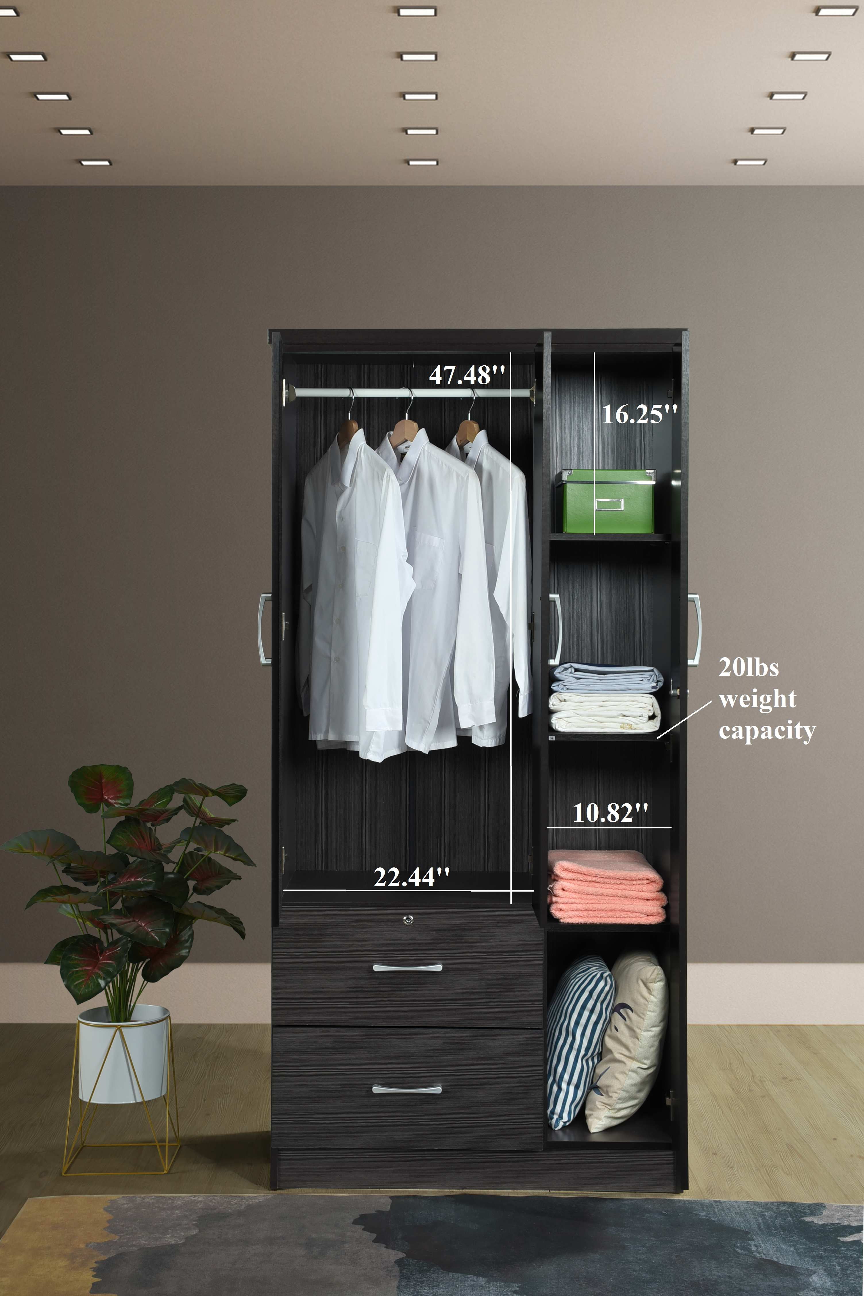 Hodedah 3 Door Bedroom Armoire with Drawers, Chocolate