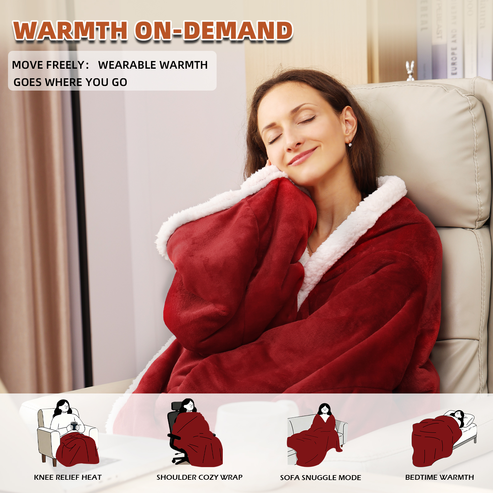 Xinhao Heated Throw Blanket with Sleeves, Wearable Electric Blanket with Foot Pocket, 6 Adjustable Heat Settings, 70 * 50", Cozy Flannel and Sherpa, Wine Red