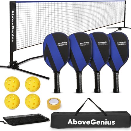 Pickleball Set with Net, Pickleball Paddles Set of 4, Portable Net for Driveway, Lightweight Rackets, 4 Outdoor Balls, 1 Storage Bag