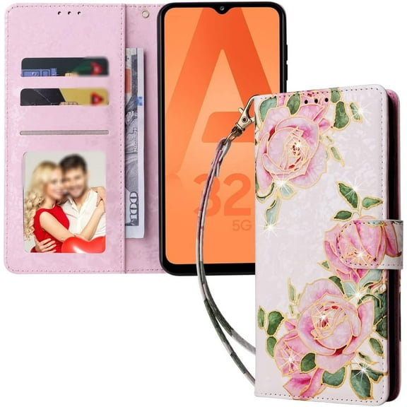 Popular Glittery Flower PU Flip Phone case with Wallet for Samsung Galaxy S10 S9 S8 Plus 4G Protective Cover Fashion Glamorous Multi-Functional Bumper(Flower D,S8)