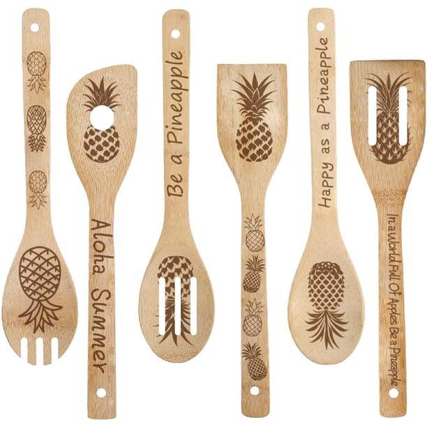 Juego de 6 cucharas de madera con forma de piña, vajilla de frutas, vajilla de bambú para cocinar, espátulas ranuradas talladas en madera natural.