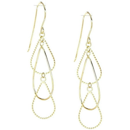 French Wire Scroll Design Earrings - American Designs 14kt Yellow Gold Diamond-Cut Triple Teardrop Pear Dangle and Drop Earrings, French Wire