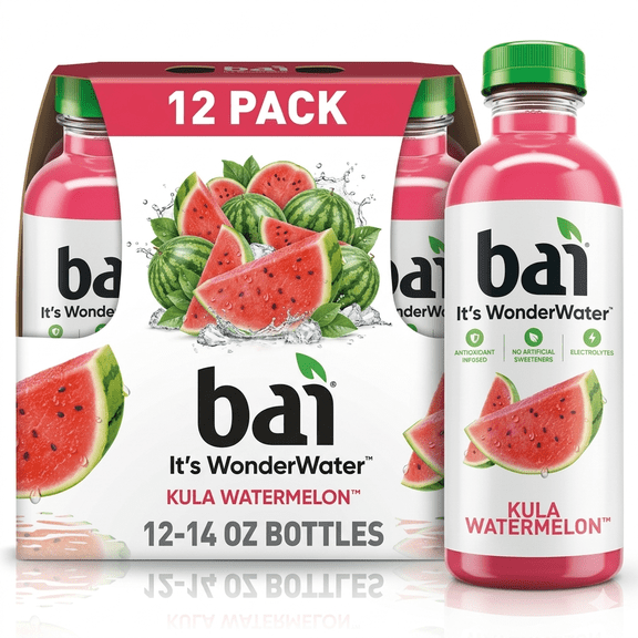 Bai Kula Watermelon Antioxidant Infused Beverage Drink, 14 fl oz Bottles, Low Calorie Fruit Flavored Drink, Pack of 12