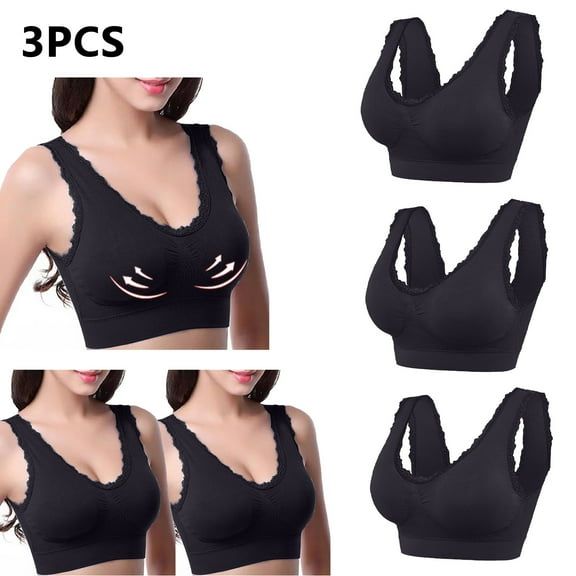Lovskoo 3Pc Women's Sports Bra Lace Cami Bra Wireless Tank Top Bra Comfortable Everyday Bras For Women Leisure Black