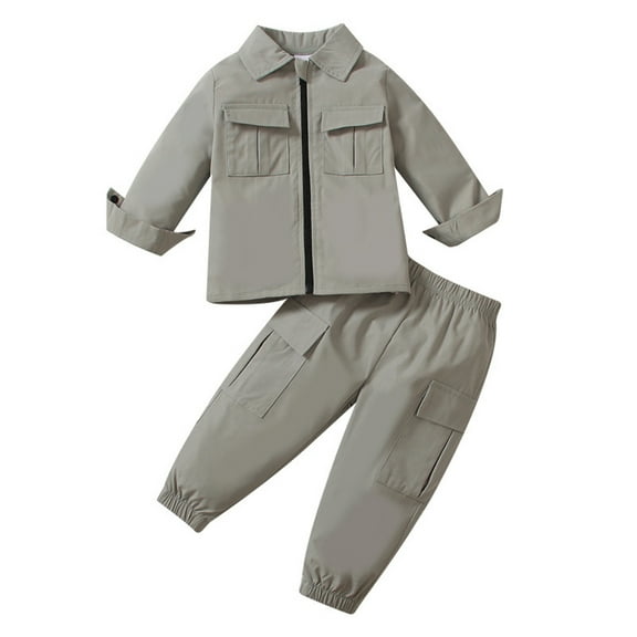 MXIEZI 6 Months-3 Years Infant Baby Boys Cargo Pants 2PCS Outfit Solid Colours Zip Jacket Tops Sweatpants Spring Fall Casual Jogger Set