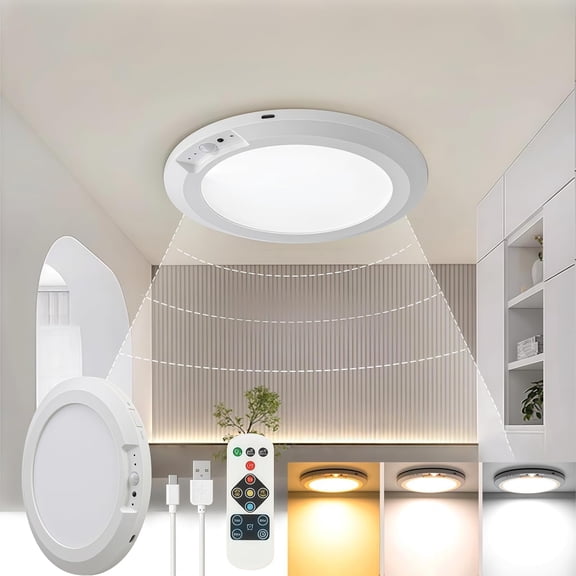 Rechargeable Motion Sensor Ceiling Light with Remote - Magnetic Wireless Ceiling Light Battery Power,3 Colors Magnetic Wireless Pot Lights Ceiling for Closet Shower Pantry Shed Hallway (1PCS)
