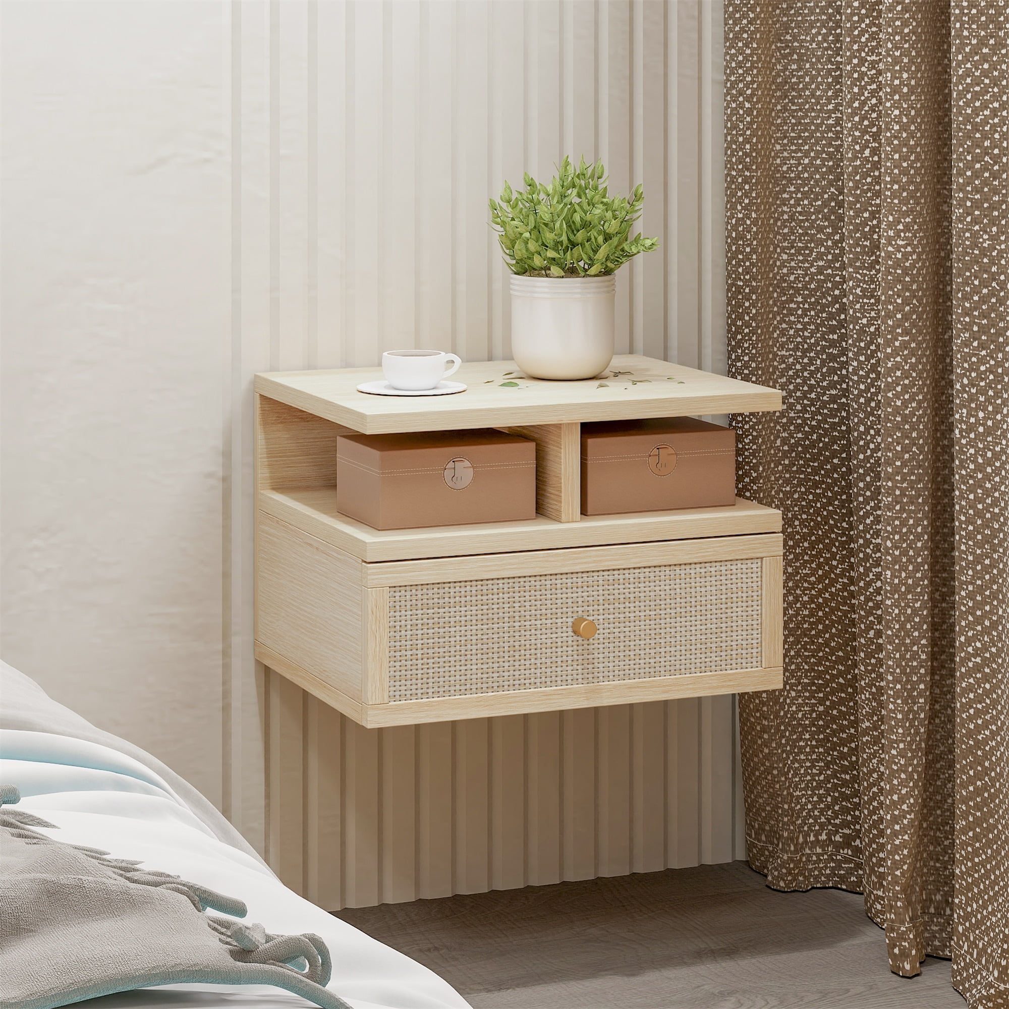 Resenkos Wall Hanging Decorative End Table, Rattan Stand, Easy Assembly, Suitable for Living Room, Study, Bedroom, Natural
