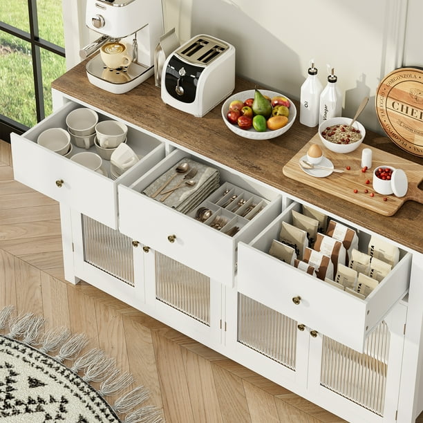Homfa 55 Large Sideboard Buffet Cabinet Kitchen Storage Cabinet with 3 Drawers and 4 Glass Doors Wood Coffee Bar Cabinet for Living Room White