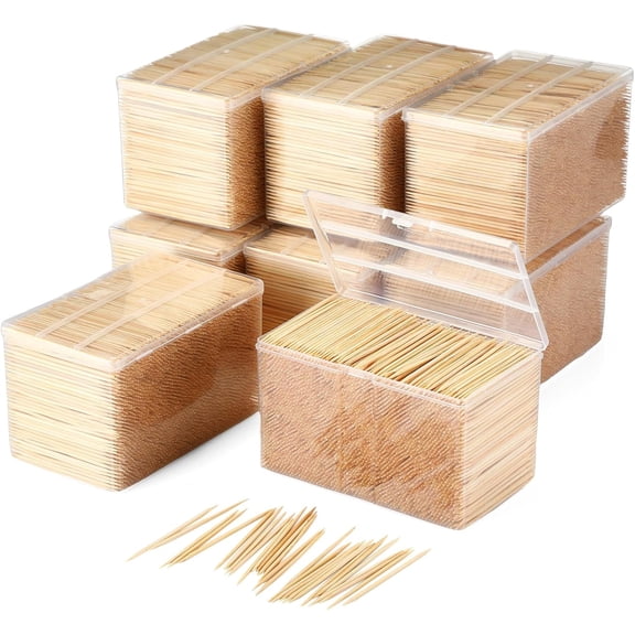 12000 Pcs Bamboo Wooden Toothpicks Wood Round Double Sided with Clear Plastic Storage Box for Appetizers Food Barbecue Fruit Teeth Cleaning Party