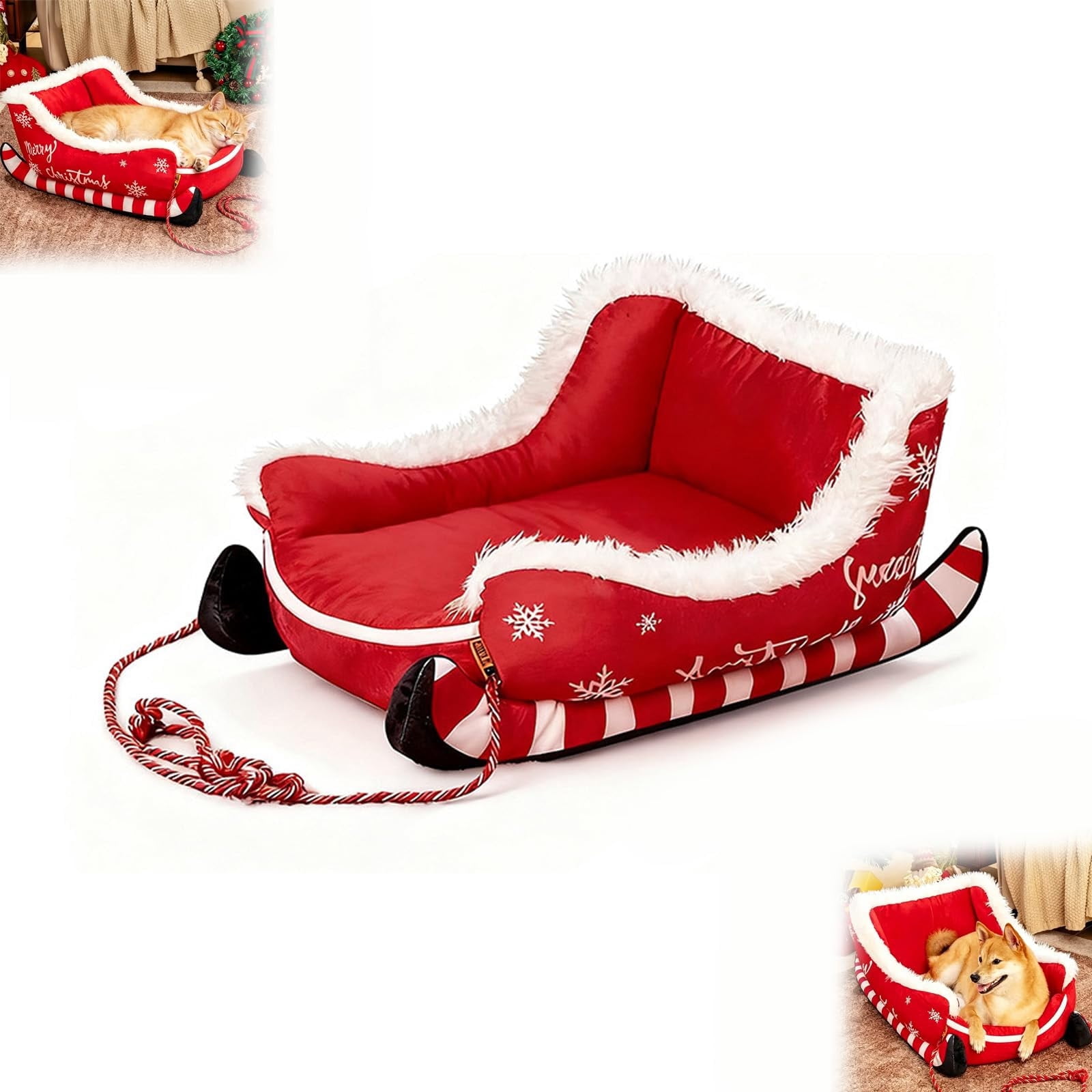 2026 New Christmas Sleigh Dog Bed, Funny Santa Christmas Decor Pet Bed | Washable Christmas Pet Bed, Soft Fluffy Plush, For Holiday Present for Dogs and Festive Home Decor