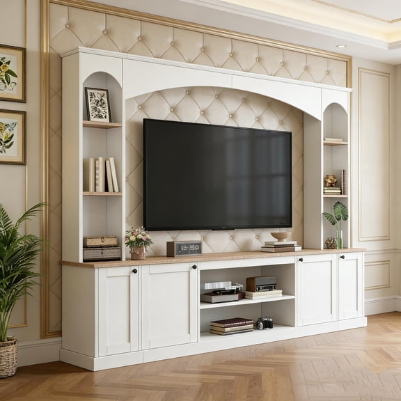 Farmhouse Wall Entertainment Center with Arched Design, 91" TV Stand with Bookshelf and Wood Grain Finish, Adjustable Shelves Media Console for TVs Up to 70 Inches