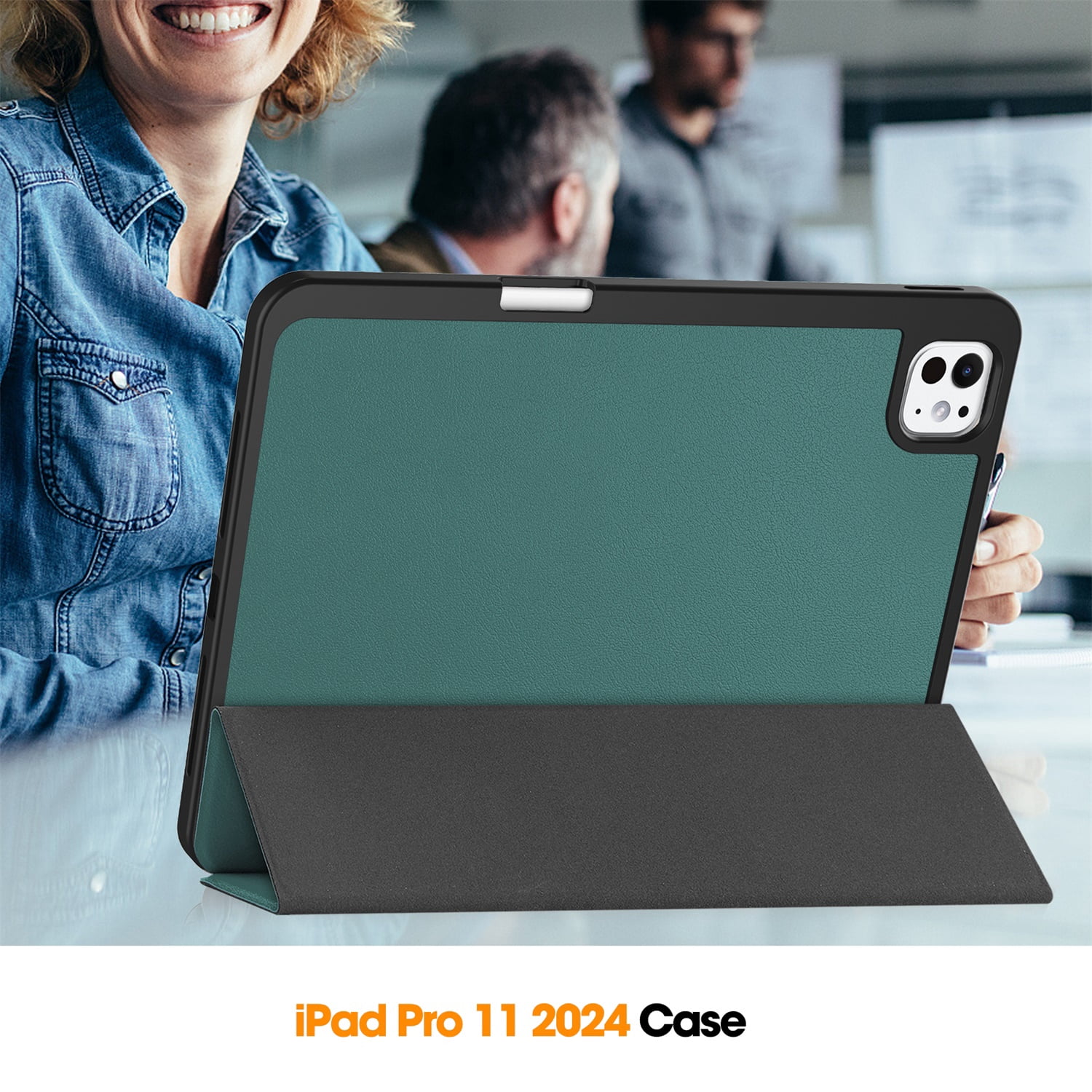 SaniMore for Apple iPad Pro 13 (2024) Case, Auto Sleep/Wake, PU Leather Case with Tri-Fold Kickstand & Pencil Holder Shockproof Protective Cover for Women Men, Darkgreen