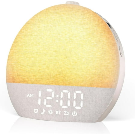 Wood Grain Sunrise Alarm Clock - White Noise Machine with 25 Soothing Sounds, 17 Dimmable Night Lights & Bluetooth Speaker