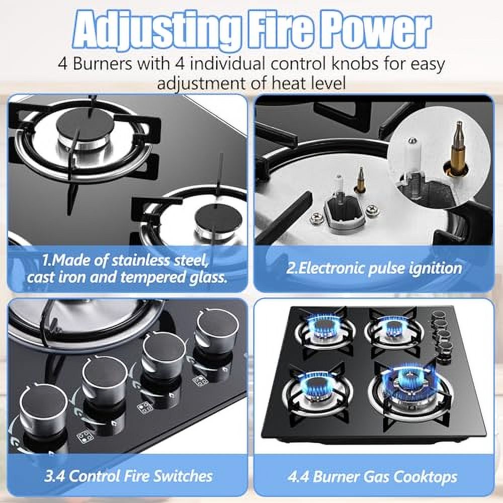 4 Burner Gas Cooktops, 23In Built in Kitchen Stove Top Gas Cooktop, 2800Pa Glass Cooktop, Gas Stoves, Kitchen Frying Equipment for Homes Kitchen/Restaurant Cook