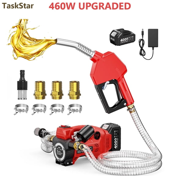 TaskStar 460W Cordless Fuel Transfer Pump 12GPM Battery Powered Diesel Pump with 4.0Ah Battery Auto-Stop Nozzle Hoses Filter for Diesel Kerosene Machine Oil