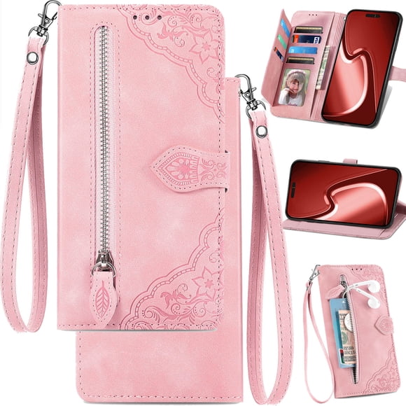 Pour Motorola Moto E22/E22i Étui Portefeuille Téléphone Poche Zippée, Folio en Cuir Mat Floral avec Support, Porte-Cartes Multiple Fente pour Cartes Cadre Photo, Boucle Magnétique Feuille, Dragonne
