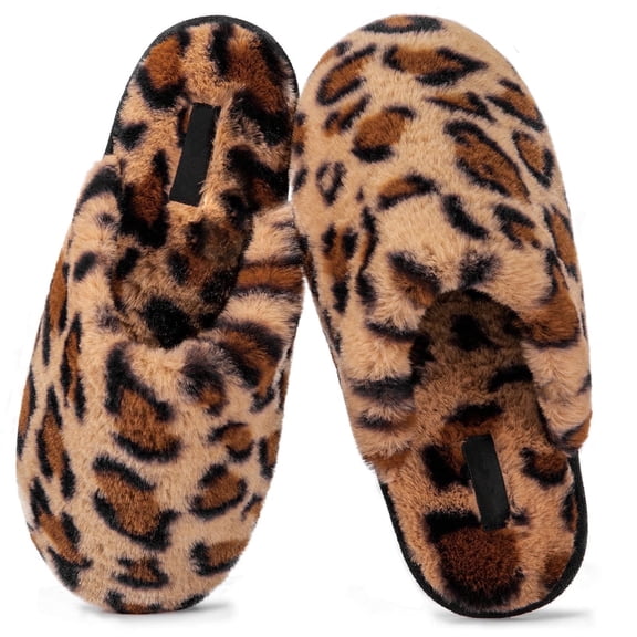 DualTop Women's Cozy Memory Foam Slip on Slippers Fluffy Lined House Shoes with Anti-Slip Indoor Outdoor, Leopard,7-8 US