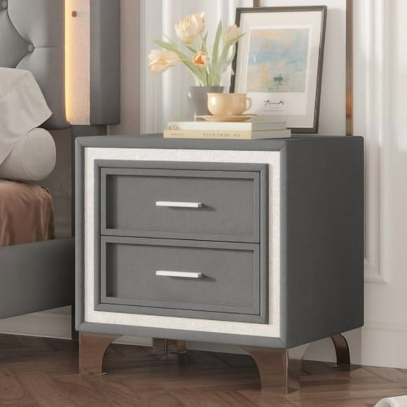 taoruifang Gray Velvet Bedside Table with 2 Drawers Mid Century Vintage Nightstand