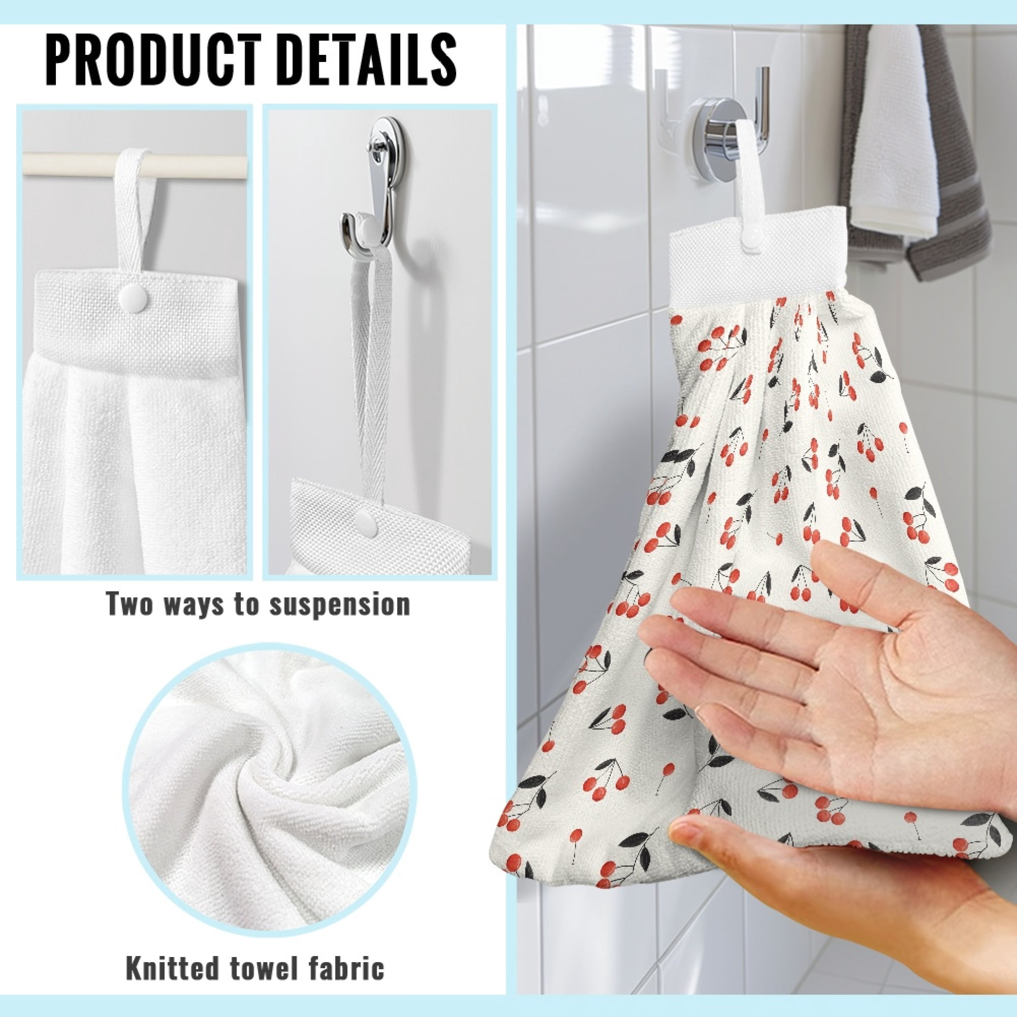 ZIATUBLE Cherry Hanging Kitchen Dish Towel Absorbent Hand Towels with Hanging Loops Bathroom Washcloth Pack of 2 Lightweight Hanging Dish Towels Elastic Kitchen Hand Towels and Washcloths