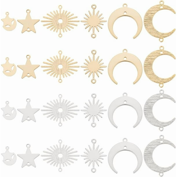 Kit de 48 piezas de conectores de latón en 6 estilos diferentes: dijes de sol, luna y estrella con 2 agujeros para crear joyas DIY.
