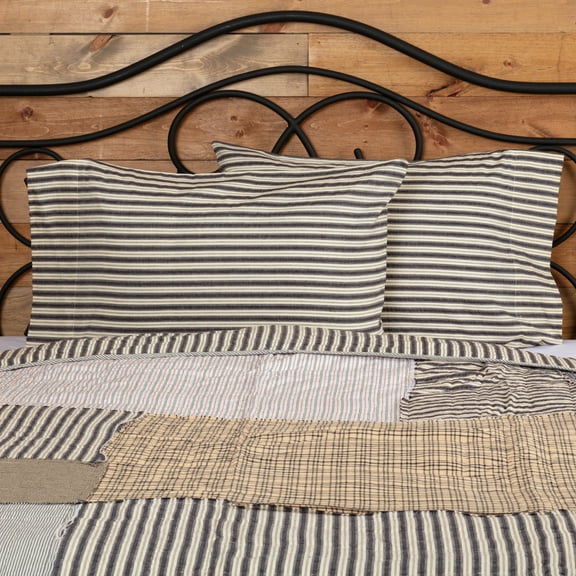 VHC Brands Ashmont Ticking Striped Cotton Farmhouse Standard Bedding Accessory, Pillowcase Set 21x30, Charcoal Grey