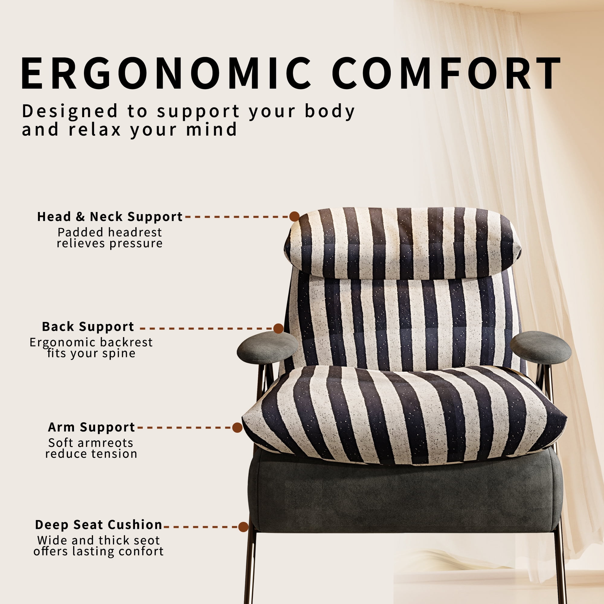 Howcool Modern Upholstered Accent Chair,Armchair with Wide Cushioned Seat,Ergonomic Lounge Chair with Solid Wood Frame for Living Room,Bedroom,Grey striped